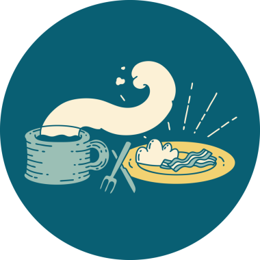 Bir insan tarafından çizilmiş dövme stili kahvaltı ve kahvenin ikonu