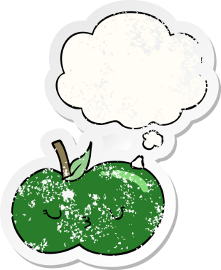 Düşünce baloncuğu olan şirin bir elma, insan tarafından çizilmiş yıpranmış bir çıkartma.