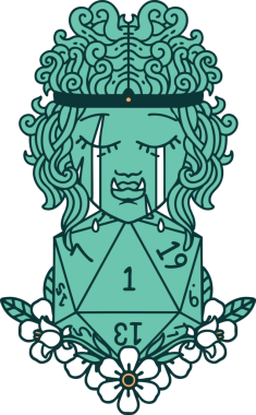 Retro Dövme Tarzı Hüzünlü Ork Barbar Karakter Yüzü Doğal bir D20 ruloyla Bir insan tarafından çizilmiş