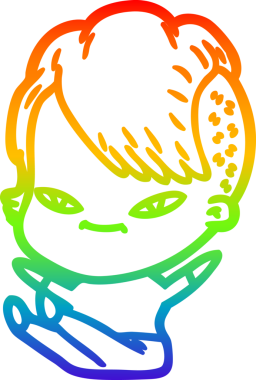 Gökkuşağı gradyan çizimi. Hipster saç kesimi bir insan tarafından çizilmiş şirin bir çizgi film kızı.