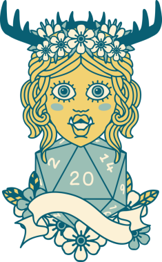 Retro Dövme Biçimi Yarı Ork Druid karakteri Bir insan tarafından çizilmiş doğal 20 zar ile