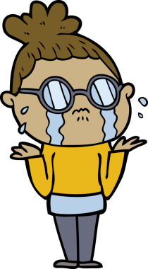 Bir insan tarafından çizilmiş gözlüklü, ağlayan bir kadın.