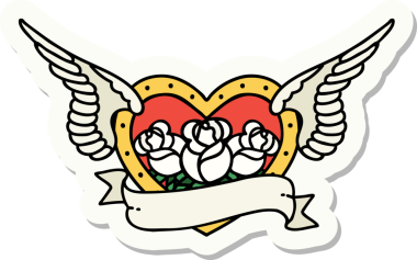 Geleneksel bir dövme stili. Uçan kalp. Çiçekler ve bir insan tarafından çizilmiş bayrak.