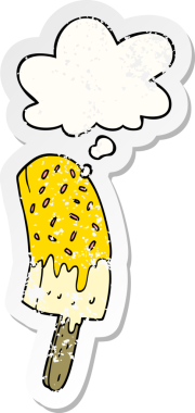 Düşünce baloncuklu çizgi film dondurması insan tarafından çizilmiş yıpranmış bir çıkartma.