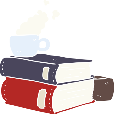 Düz renkli çizgi film kitapları ve bir insan tarafından çizilmiş kahve fincanı.