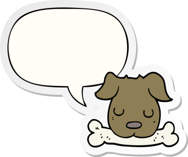 Bir insan tarafından çizilmiş, konuşma balonu çıkartmalı bir kemik ile çizgi film köpeği.