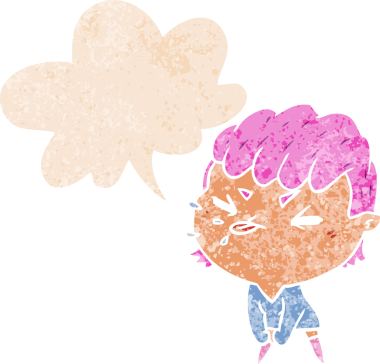 Bir insan tarafından çizilmiş, grunge içinde konuşma baloncuğu olan kaba bir çizgi film kızı.