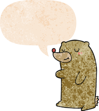 Bir insan tarafından çizilmiş grunge sıkıntılı retro biçimli konuşma baloncuğu ile sevimli çizgi film ayısı