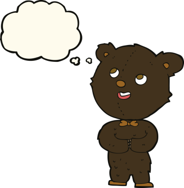 Bir insan tarafından çizilmiş düşünce baloncuklu şirin oyuncak ayı.