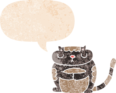 Grunge 'da konuşma baloncuğu olan sevimli çizgi film kedisi bir insan tarafından çizilmiş sıkıntılı retro dokuma tarzı