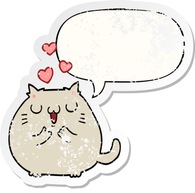 Konuşma balonuna aşık sevimli çizgi film kedisi bir insan tarafından çizilmiş sıkıntılı eski bir çıkartma