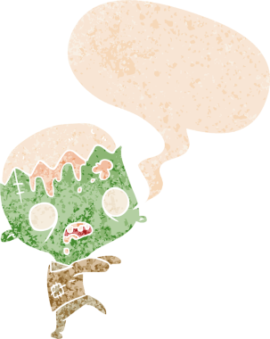 grunge 'da konuşma balonu olan çizgi film zombisi bir insan tarafından çizilmiş dertli retro stili.