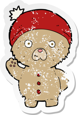 Bir insan tarafından çizilmiş kış şapkalı oyuncak ayıyı sallayan karikatür çıkartması.