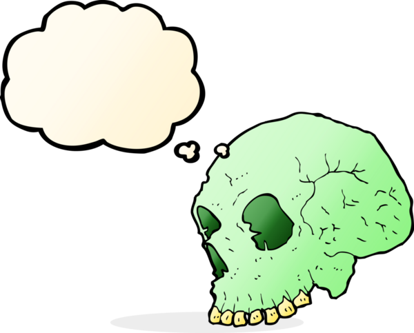 Bir insan tarafından çizilmiş düşünce baloncuklu garip kafatası.