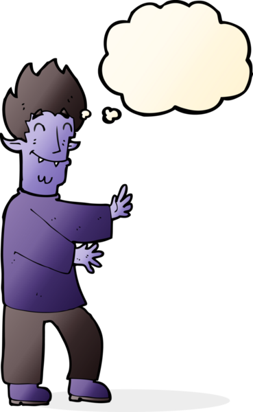 Bir insan tarafından çizilmiş düşünce baloncuğu olan heyecanlı bir vampir.