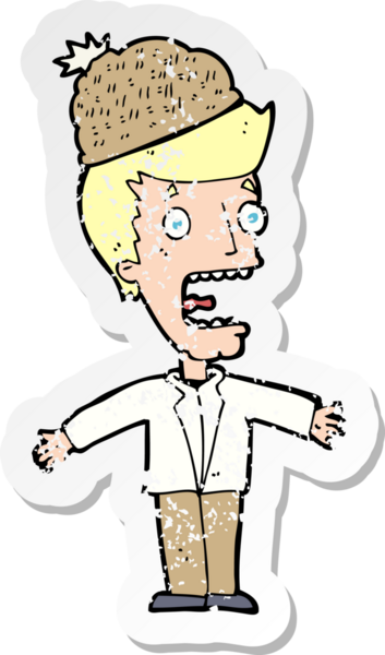 Bir insan tarafından çizilmiş kış şapkası giyen bir çizgi film karakterinin gerilimli retro çıkartması.