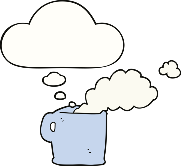 Düşünce baloncuklu sıcak kahve bir insan tarafından çizilmiş.