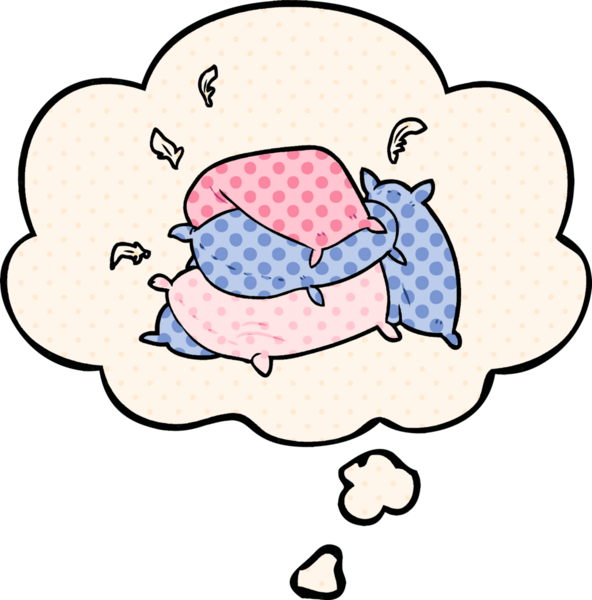 Düşünce baloncuğu olan çizgi film yastıkları bir insan tarafından çizilmiş.