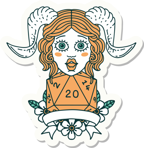 Bir insan tarafından çizilmiş doğal yirmi zarla yapıştırılmış bir etiket.