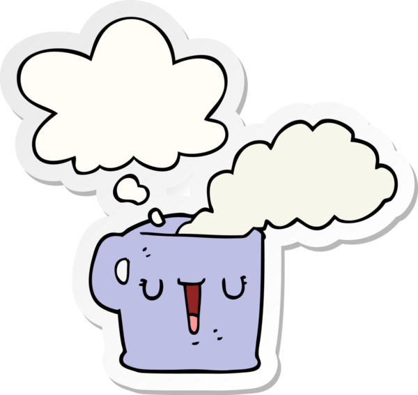 Düşünce baloncuklu sıcak kahve fincanı insan tarafından çizilmiş bir çıkartma.