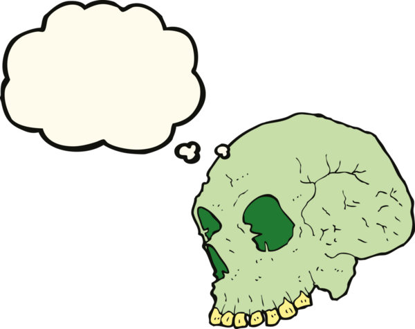 Bir insan tarafından çizilmiş düşünce baloncuklu garip kafatası.
