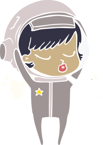 Düz renkli çizgi film. Güzel astronot kız. Bir insan tarafından çizilmiş kaskını çıkarıyor.