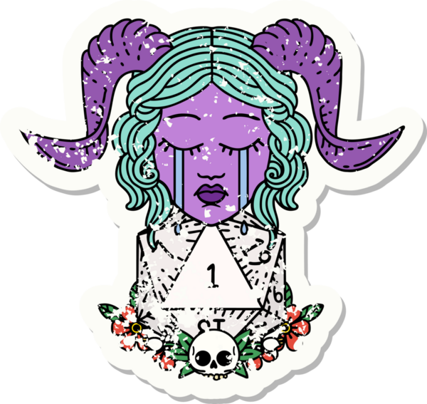 Bir insan tarafından çizilmiş doğal bir D20 zarla bağlanmış ağlama etiketi.