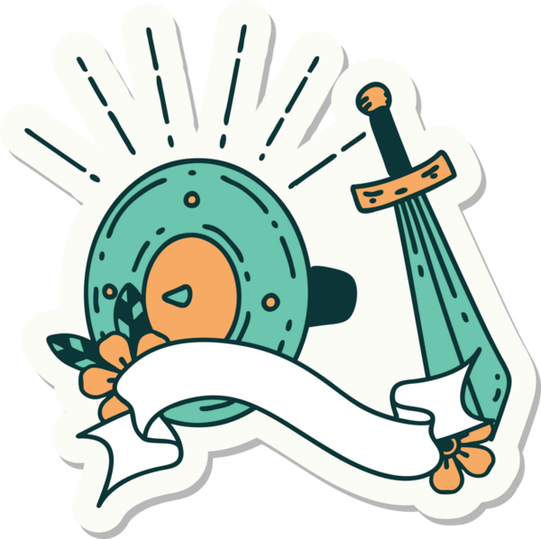 Dövme stili bir kalkanın çıkartması ve bir insan tarafından çizilmiş kılıç.