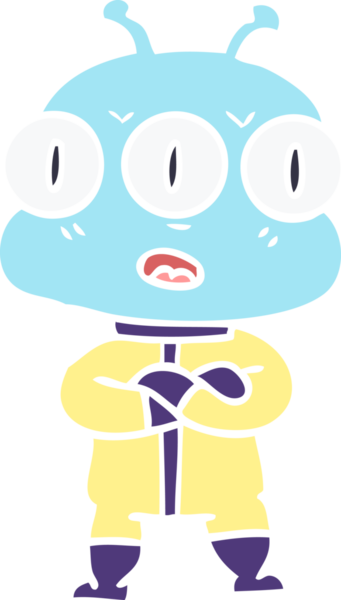 Düz renkli karikatür. Bir insan tarafından çizilmiş üç gözlü uzaylı.