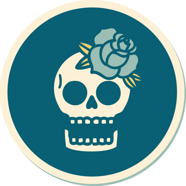 Geleneksel kafatası stili dövme çıkartması ve bir insan tarafından çizilmiş gül.