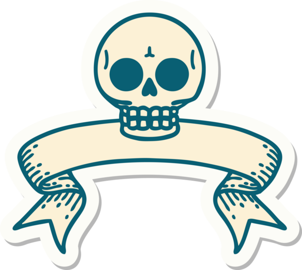Bir insan tarafından çizilmiş kafatasının pankartıyla dövme stili etiketi