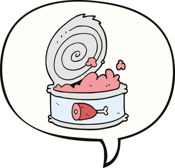 Bir insan tarafından çizilmiş konuşma balonlu konserve yiyecekler.