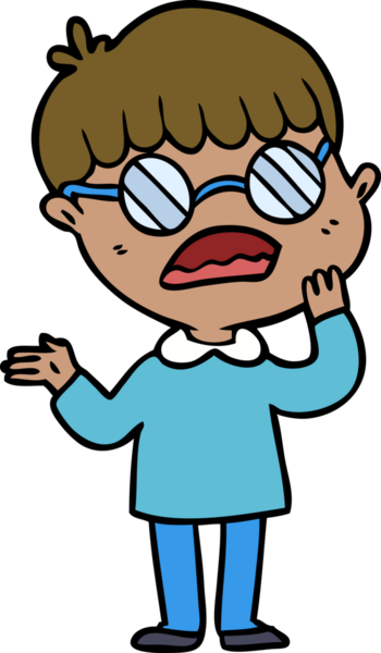 Bir insan tarafından çizilmiş gözlüklü, kafası karışık bir çocuk.