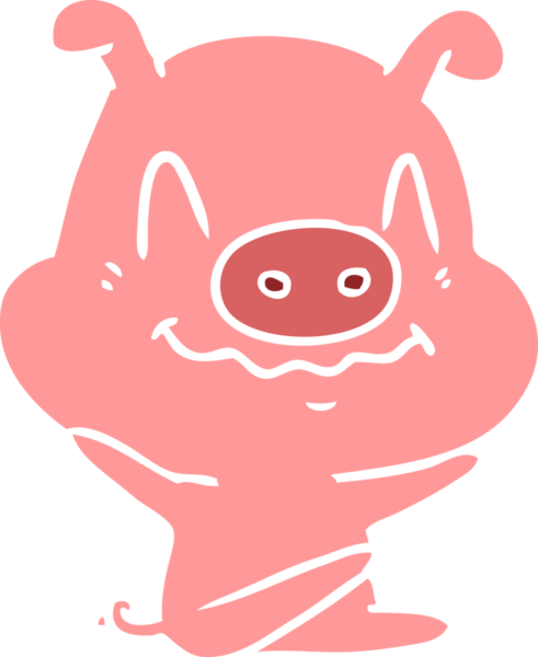 Bir insan tarafından çizilmiş düz renkli çizgi film domuzu.