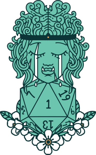 Retro Dövme Tarzı Hüzünlü Ork Barbar Karakter Yüzü Doğal bir D20 ruloyla Bir insan tarafından çizilmiş