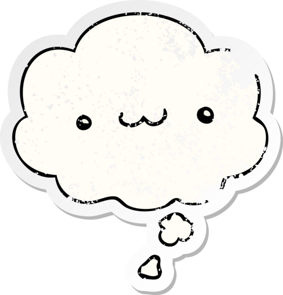 Düşünce baloncuğu olan mutlu çizgi film ifadesi insan tarafından çizilmiş yıpranmış bir çıkartma gibi.