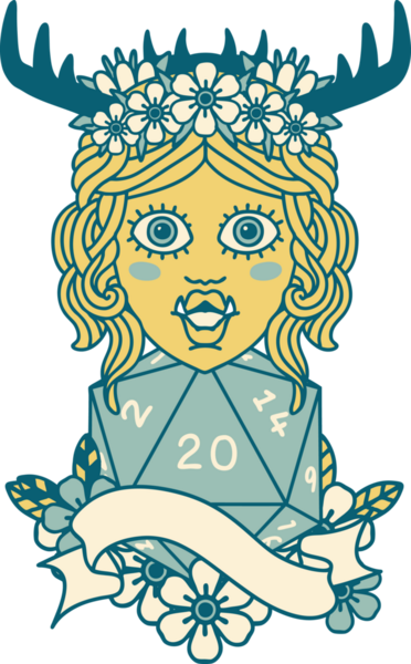 Retro Dövme Biçimi Yarı Ork Druid karakteri Bir insan tarafından çizilmiş doğal 20 zar ile