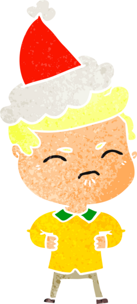 Bir insan tarafından çizilmiş Noel Baba şapkası giymiş sinirli bir adamın el çizimi karikatürü.