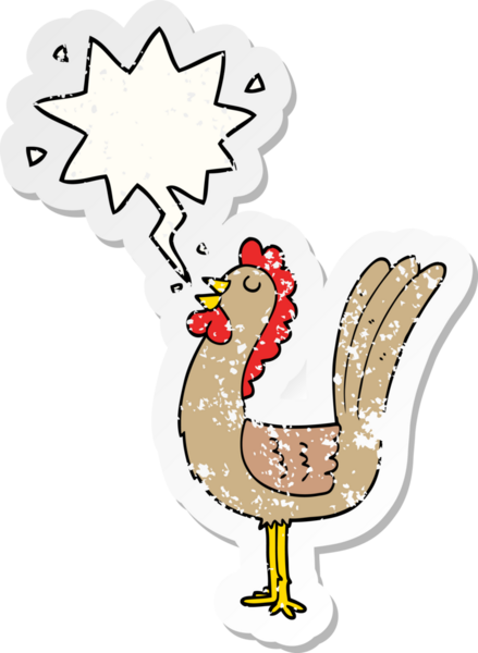 Konuşma baloncuğu olan çizgi film horozu bir insan tarafından çizilmiş sıkıntılı eski bir çıkartma