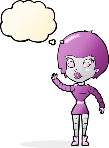 Bir insan tarafından çizilmiş düşünce balonuyla el sallayan robot kadın.