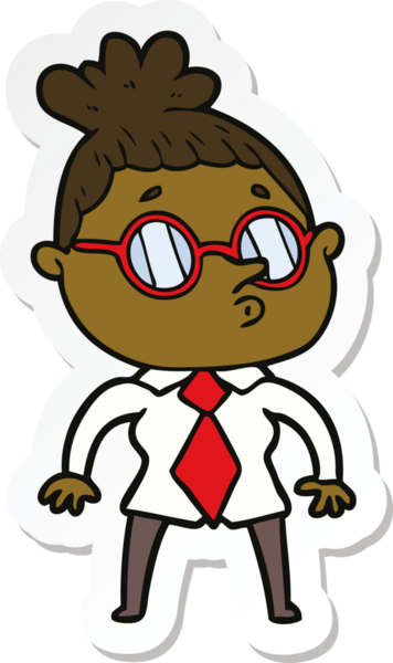 Bir insan tarafından çizilmiş gözlüklü bir karikatür kadının çıkartması.