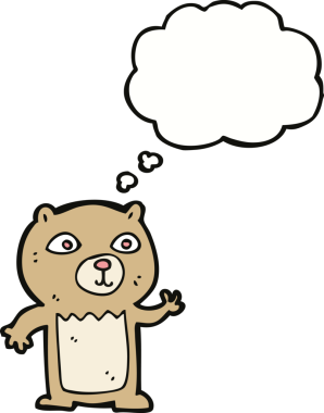 Bir insan tarafından çizilmiş düşünce balonlu oyuncak ayıyı sallayan çizgi film.