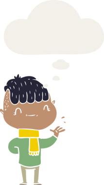 Bir insan tarafından çizilmiş düşünce baloncuğu olan çizgi film dostu bir çocuk.