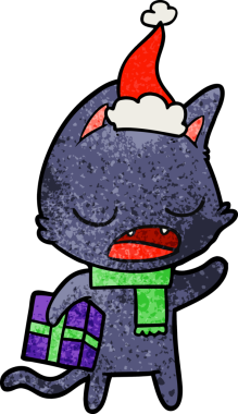 Konuşan kedi eli desenli Noel Baba şapkası giymiş bir insan tarafından çizilmiş.