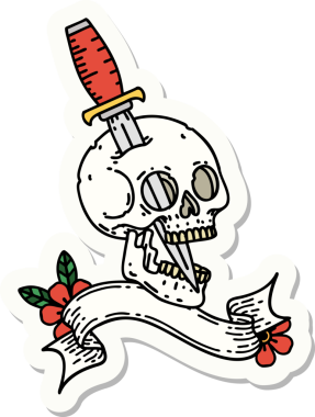 Bir insan tarafından çizilmiş kafatasının pankartıyla dövme stili etiketi