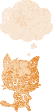 grunge 'da düşünce baloncuğu olan çizgi film kedisi bir insan tarafından çizilmiş dertli retro desenli