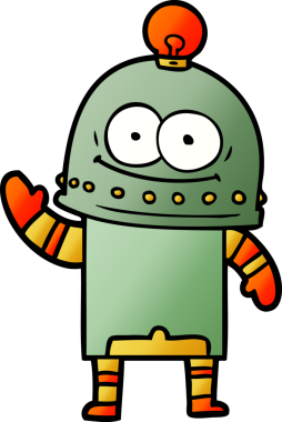 Bir insan tarafından çizilmiş ampullü mutlu karton robot.