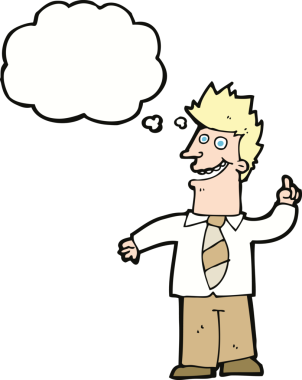 Bir insan tarafından çizilmiş düşünce baloncuğu ile iyi bir fikri olan çizgi film adamı.