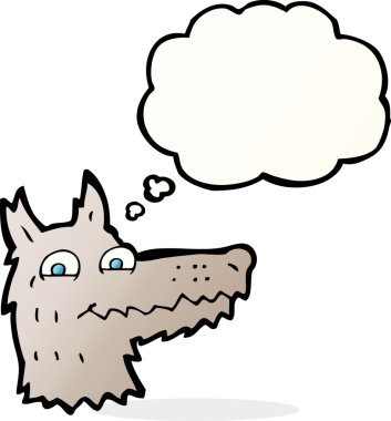 Bir insan tarafından çizilmiş düşünce balonlu bir kurt kafası.