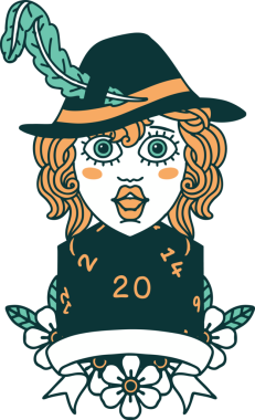 Retro Dövme Tarzı İnsan Ozan Karakteri Bir insan tarafından çizilmiş doğal 20 zar ile